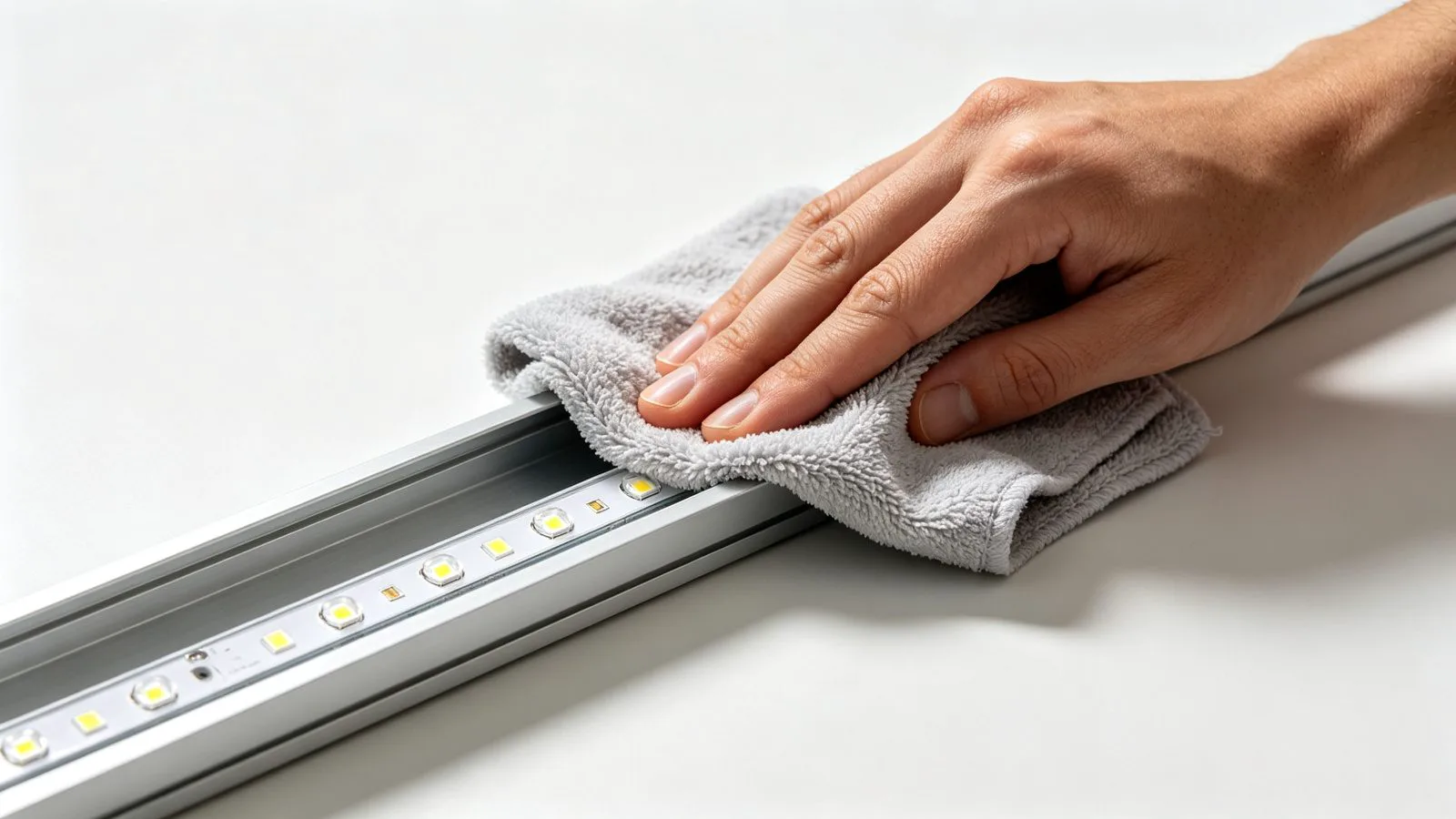 Technician gently cleaning and inspecting commercial LED strip lighting in an aluminum channel