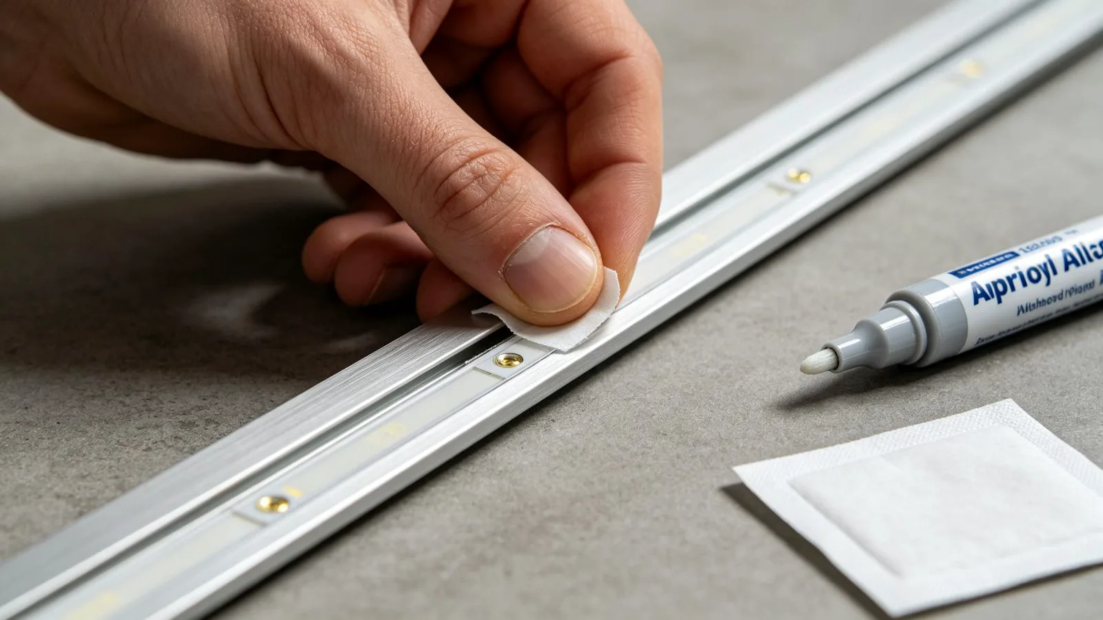 Surface preparation with isopropyl alcohol and primer before applying LED strip adhesive