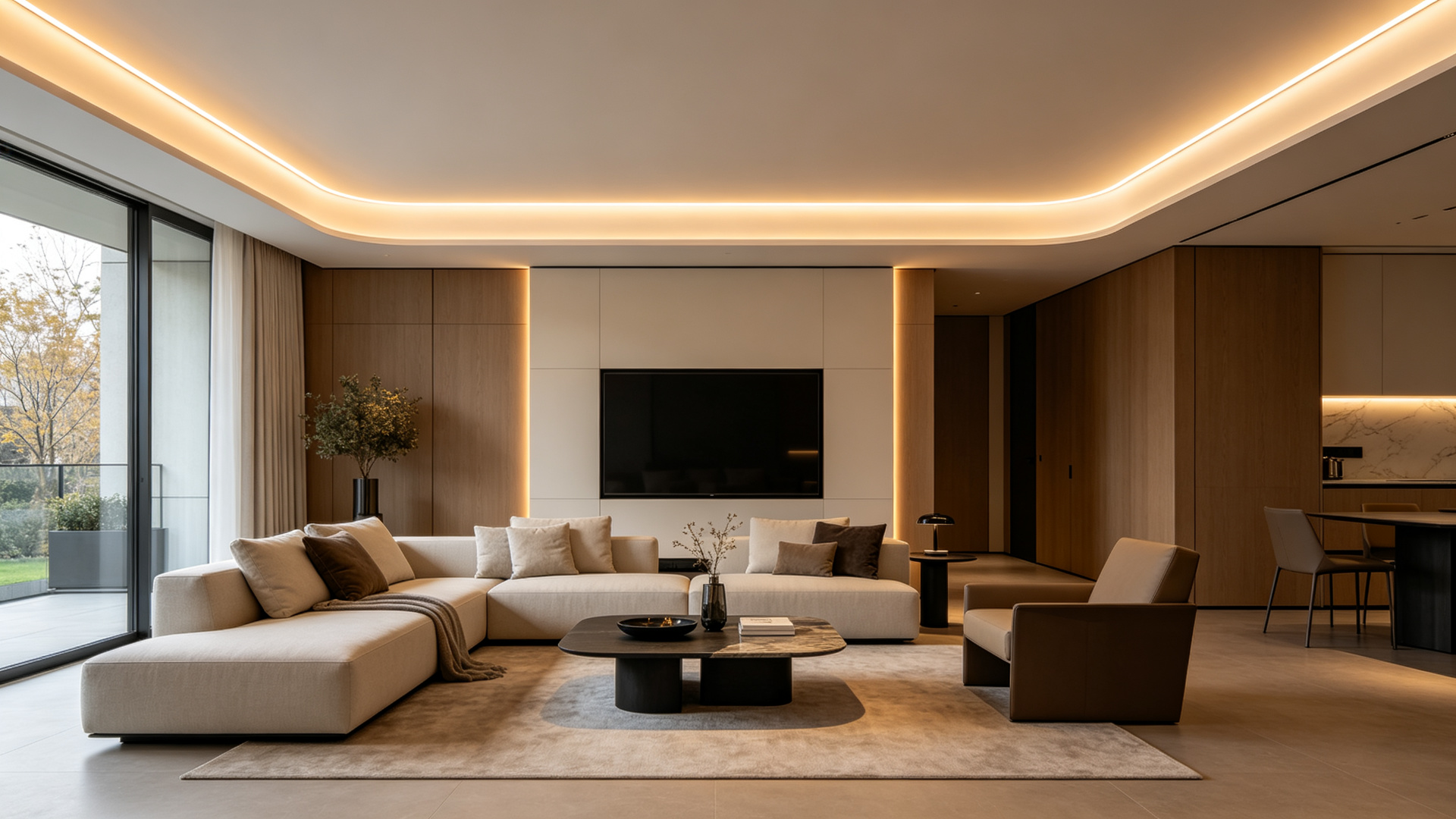 Modern living room ceiling cove lit by a seamless dot-free warm COB LED strip