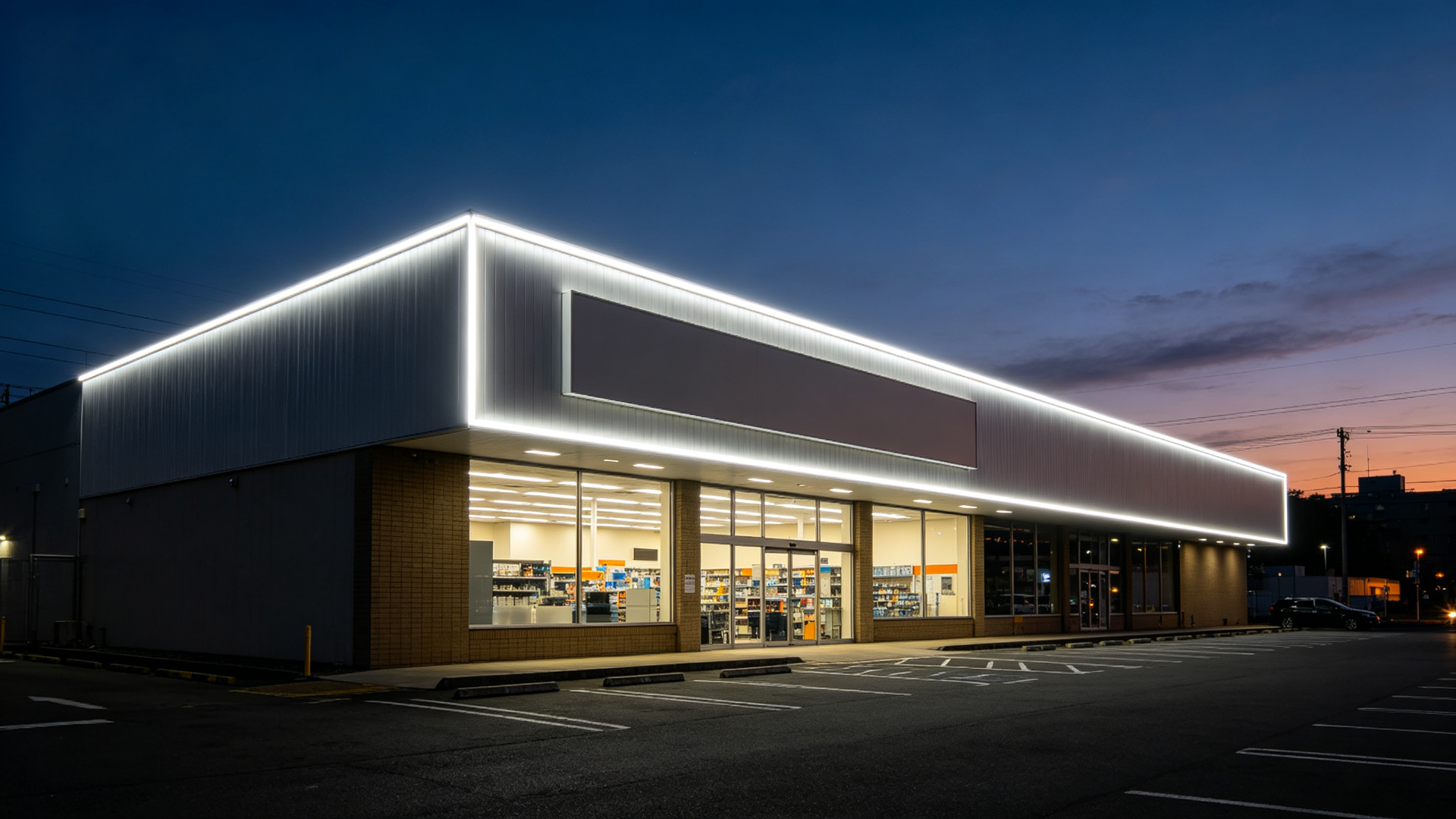 Commercial building storefront at dusk traced by a continuous 220V SCOB LED strip with even light over a long run