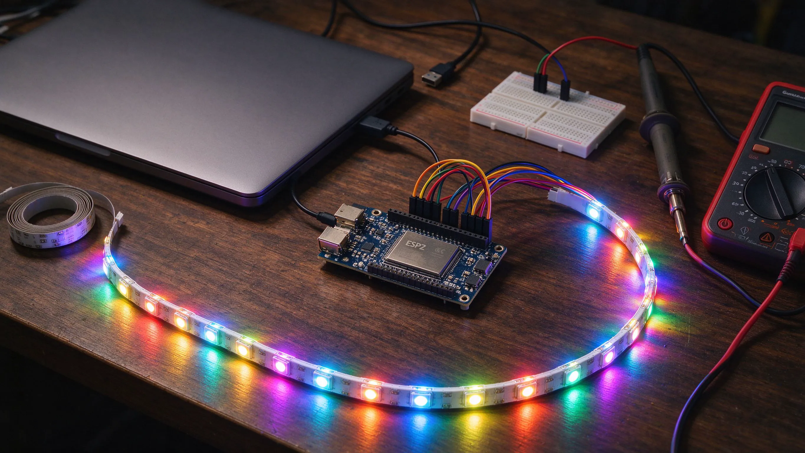 ESP32 board wired to an addressable LED strip running WLED