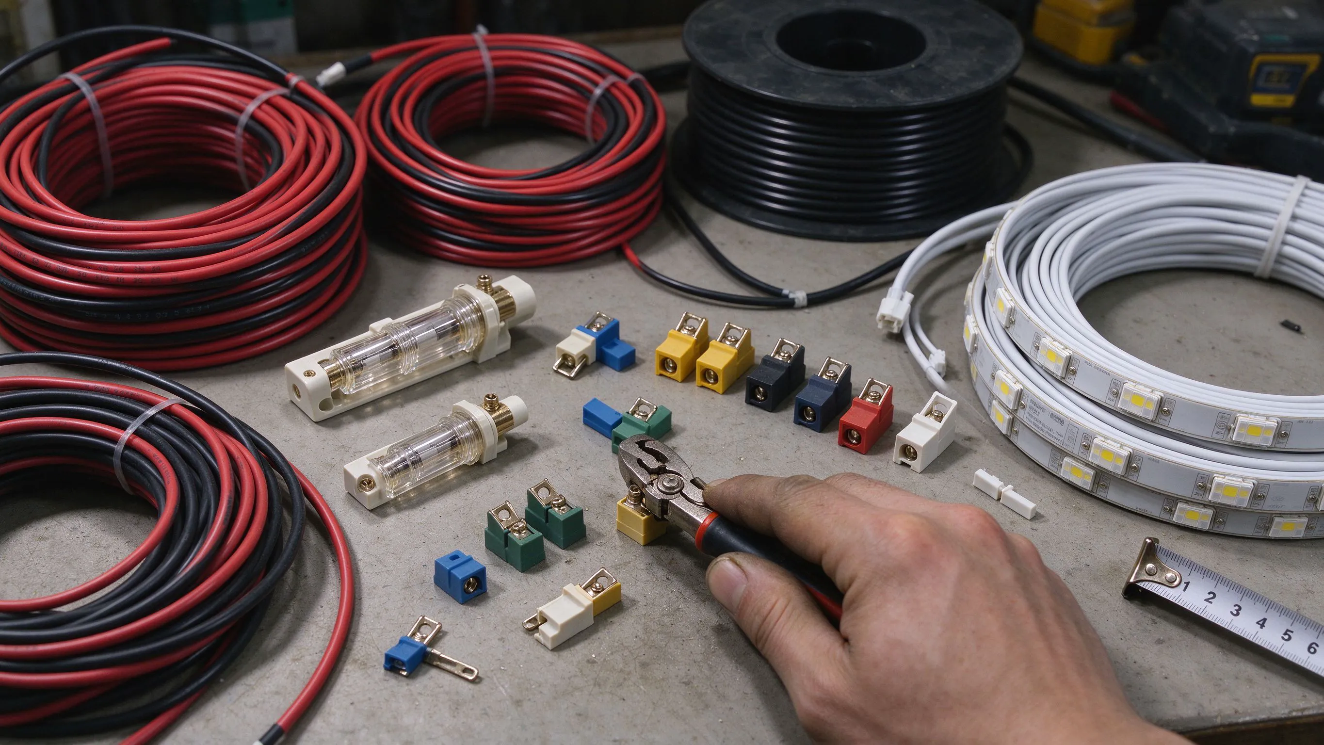 LED strip wiring with correctly gauged cable and inline fuse