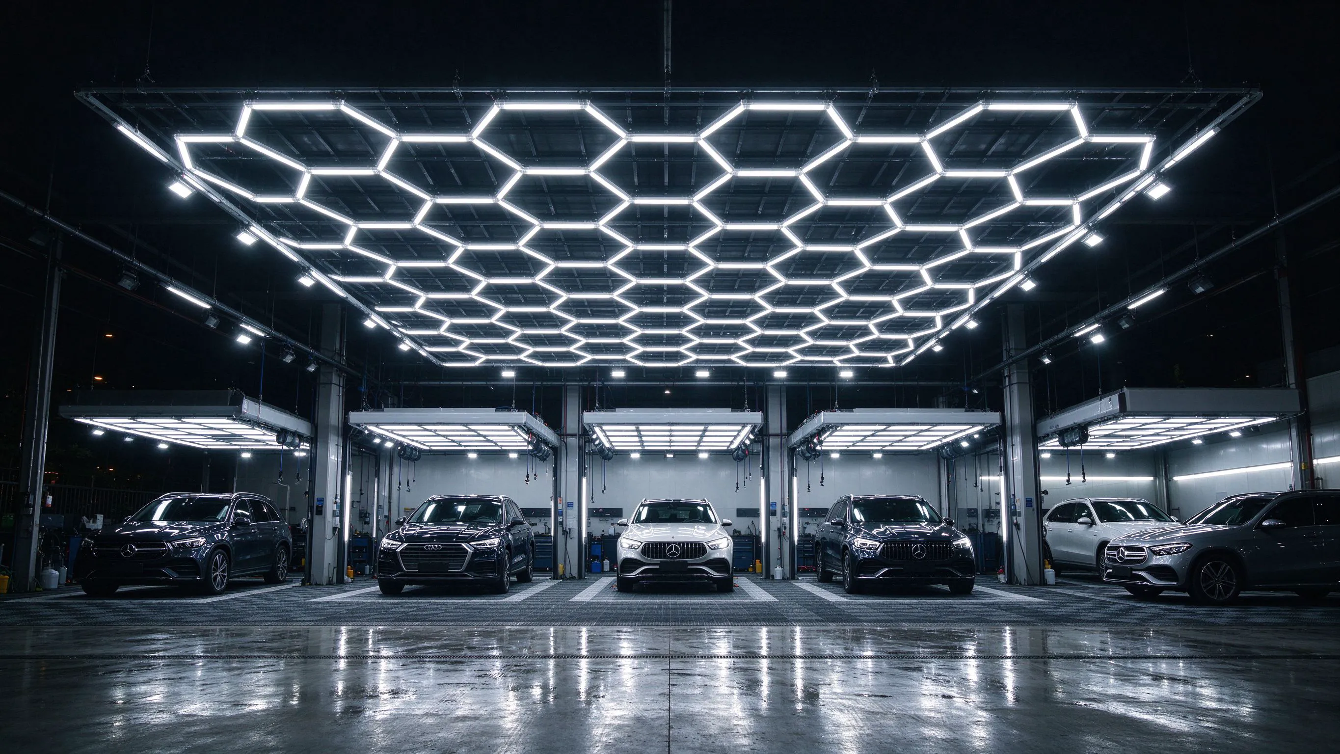 High-Wattage Hexagon Lights for Large Detailing Bays