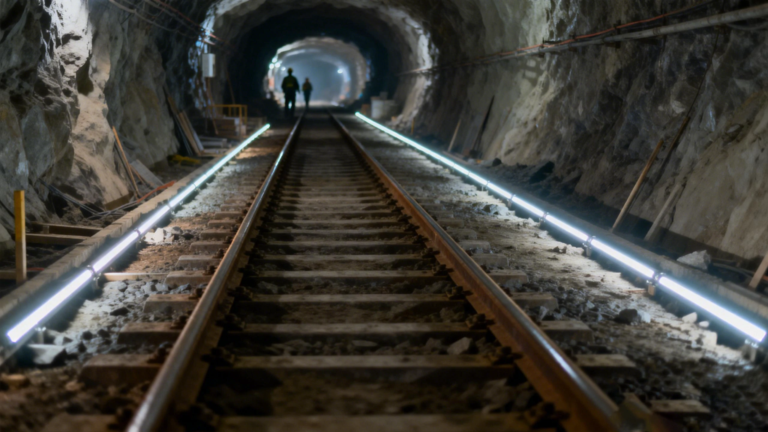 High-voltage LED strip fixed low alongside rail tracks in an underground haulage tunnel