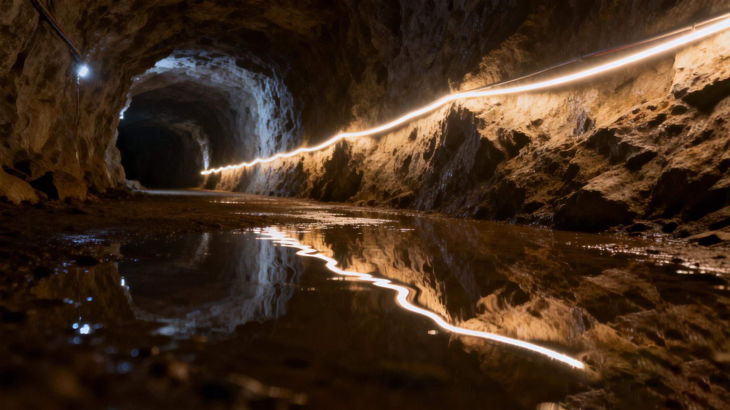 Flexible high-voltage LED strip along a wet rock wall with standing water reflection