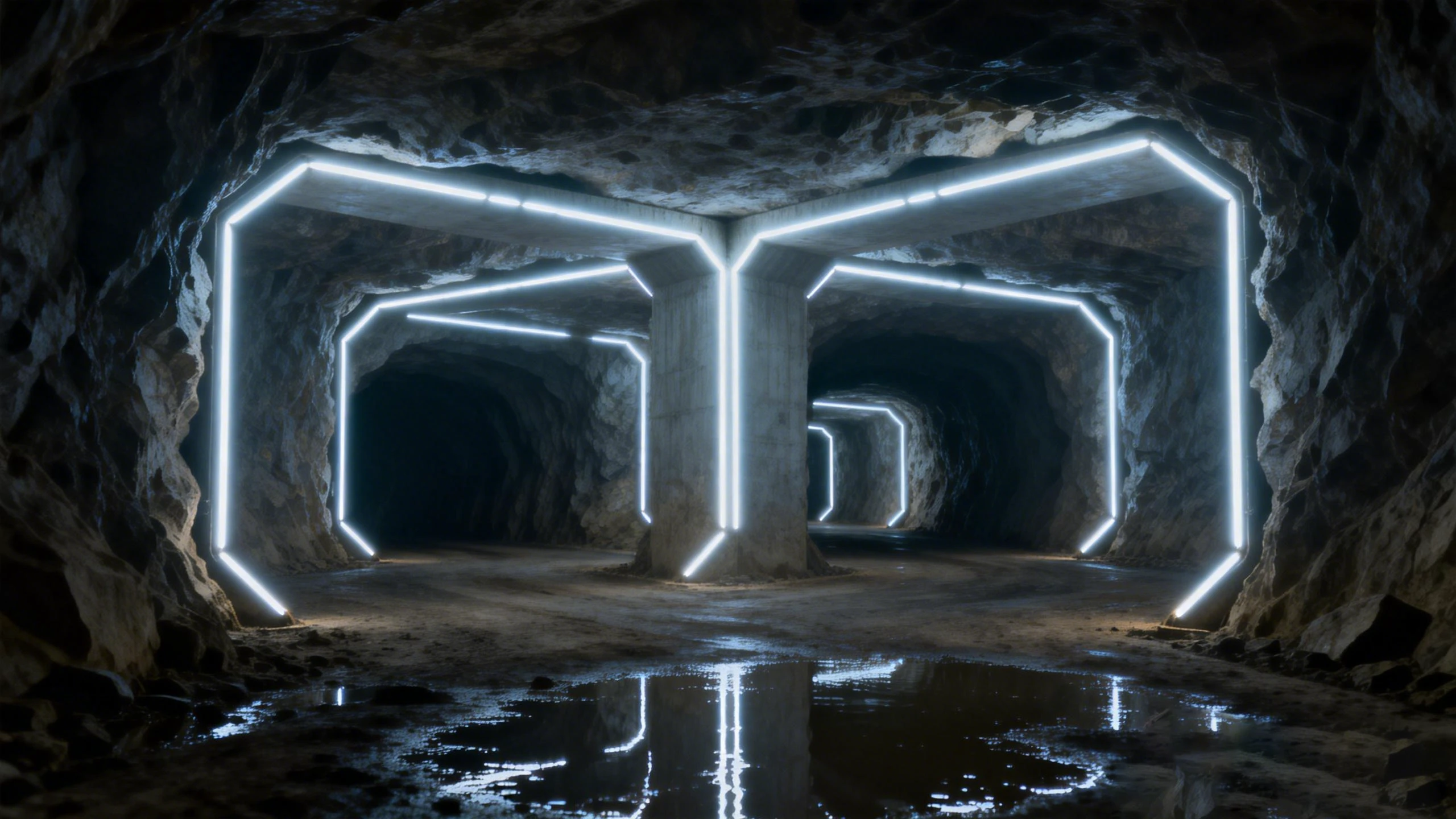 LED strip outlining cross-cut junctions and concrete portal frames in an underground mine intersection