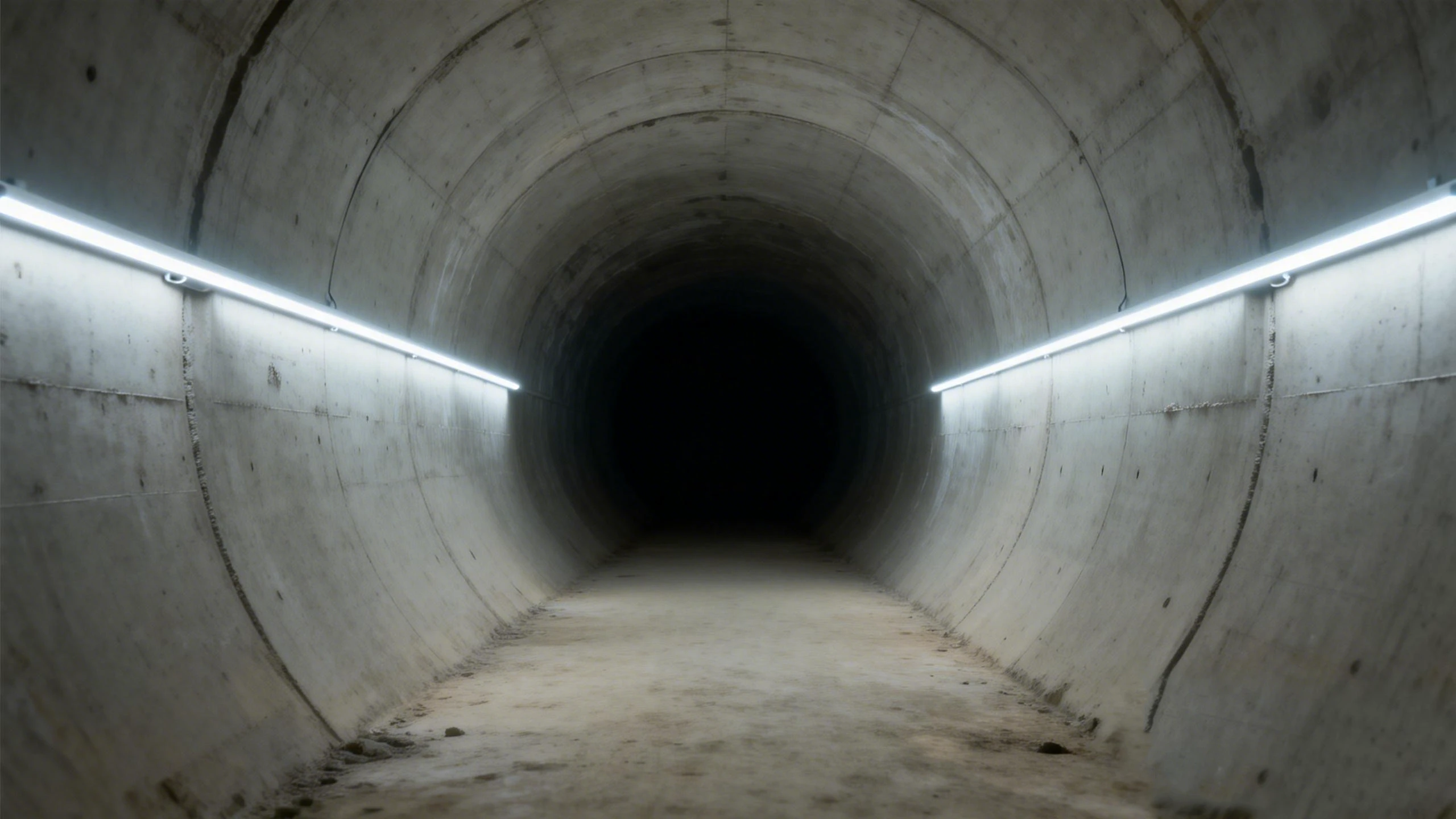 High-voltage 220V LED strip lights mounted along both walls of a concrete-lined mine tunnel