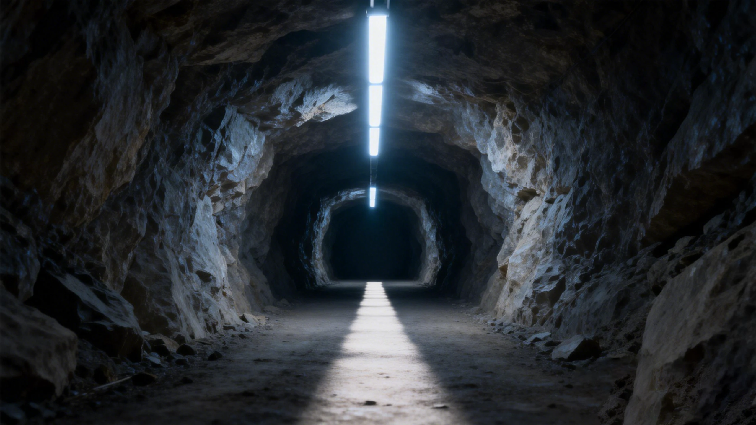 Continuous cool-white high-voltage LED strip running along the roof centreline of a rock mine drift