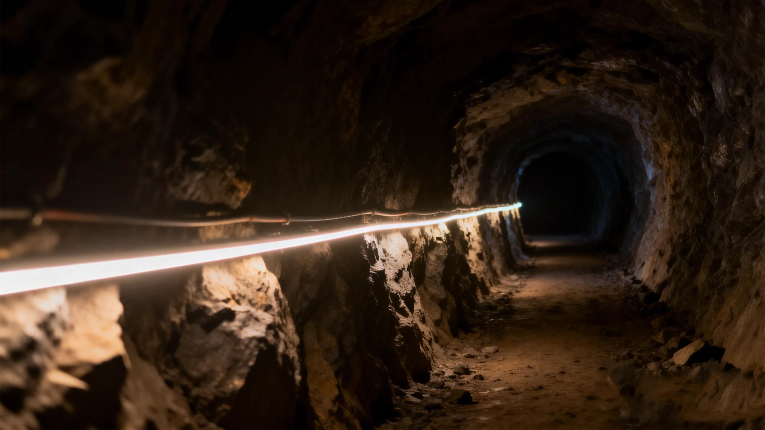 Warm-white driverless LED strip following the rock wall of a rough mining tunnel