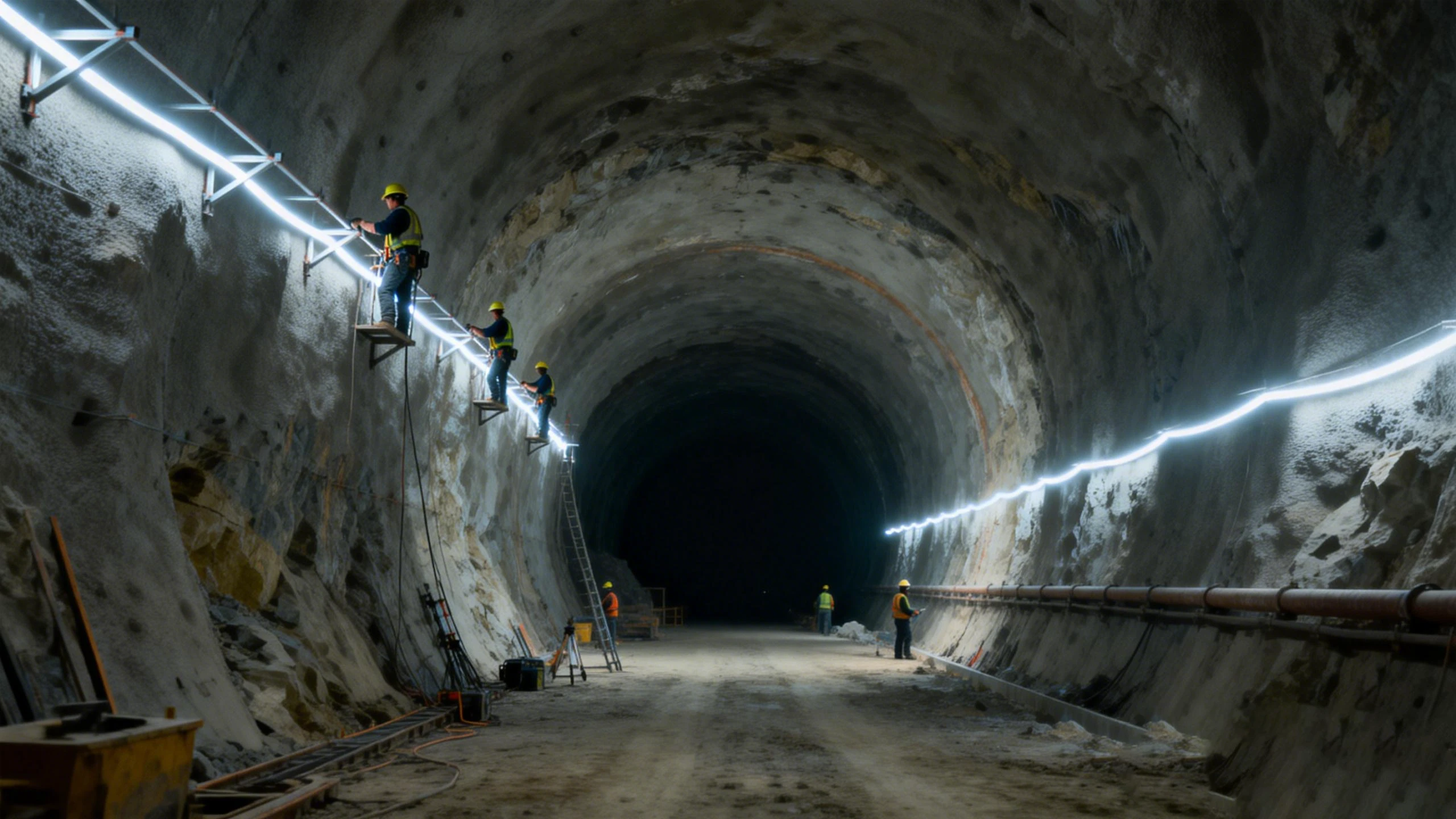 Contractors installing continuous high-voltage LED strip lighting from scaffolding in a large tunnel