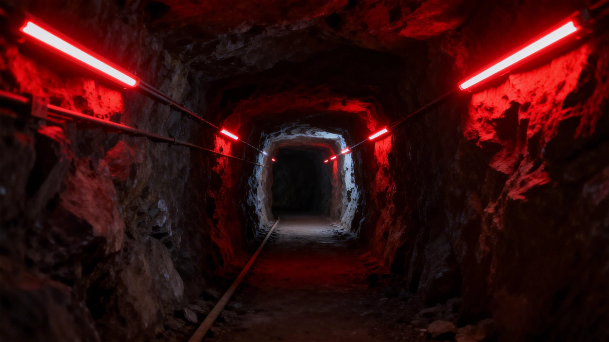 Red warning high-voltage LED strip along both sides of a mine drift for hazard zones